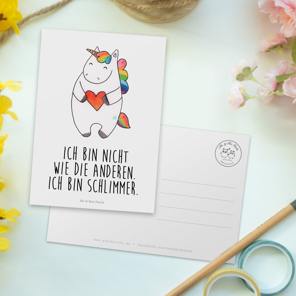 Postkarte Einhorn Herz Geschenkkarte, Grußkarte, Karte, Einladung, Ansichtskarte, Geburtstagskarte, Einladungskarte, Einhorn, Einhörner, Einhorn Deko, Pegasus, Unicorn, Herz, schlimm, böse, witzig, lustig, Freundin, anders, bunt