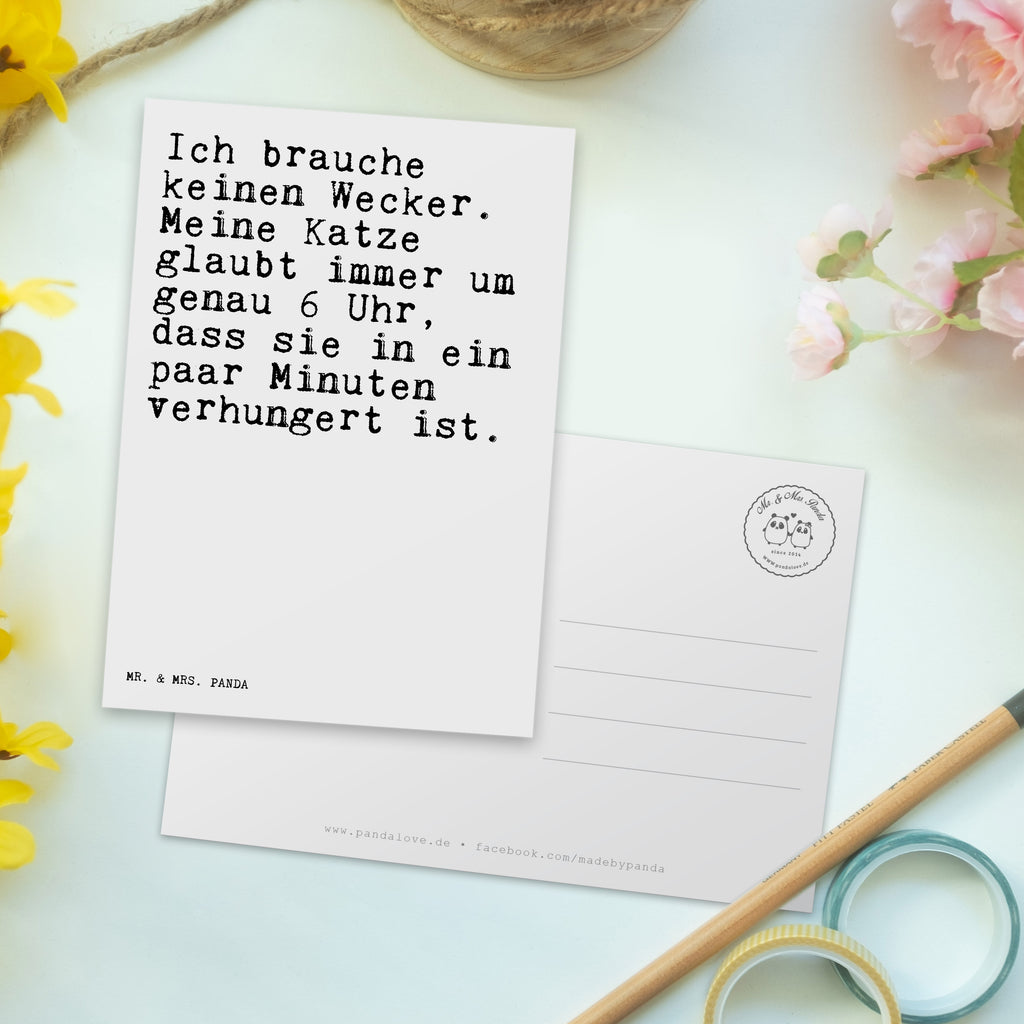 Postkarte Sprüche und Zitate Ich brauche keinen Wecker. Meine Katze glaubt immer um genau 6 Uhr, dass sie in ein paar Minuten verhungert ist. Geschenkkarte, Grußkarte, Karte, Einladung, Ansichtskarte, Geburtstagskarte, Einladungskarte, Dankeskarte, Spruch, Sprüche, lustig, Weisheiten, Zitate, Spruch Sprüche Weisheiten Zitate Lustig Weisheit Worte
