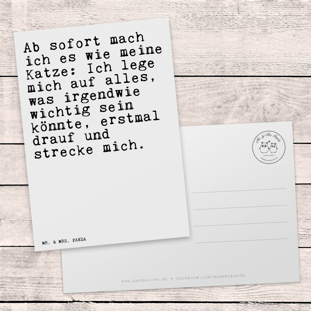 Postkarte Sprüche und Zitate Ab sofort mach ich es wie meine Katze: Ich lege mich auf alles, was irgendwie wichtig sein könnte, erstmal drauf und strecke mich. Geschenkkarte, Grußkarte, Karte, Einladung, Ansichtskarte, Geburtstagskarte, Einladungskarte, Spruch, Sprüche, lustig, Weisheiten, Zitate, Spruch Sprüche Weisheiten Zitate Lustig Weisheit Worte