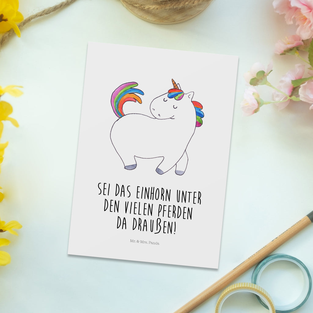 Postkarte Einhorn stolzierend Geschenkkarte, Grußkarte, Karte, Einladung, Ansichtskarte, Geburtstagskarte, Einladungskarte, Einhorn, Einhörner, Einhorn Deko, Pegasus, Unicorn, stolz, anders, bunt, Pferd, Reiter, Reiten, Freundin, Geschenk