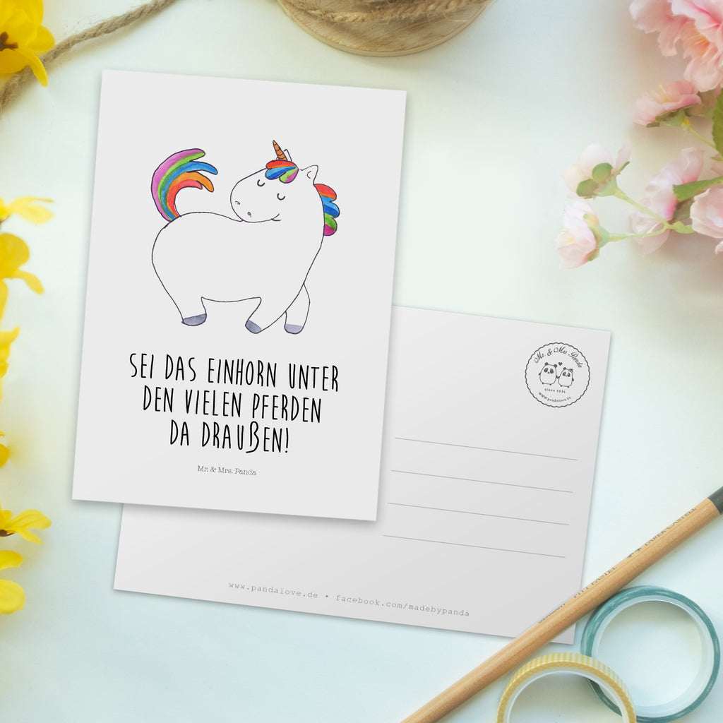 Postkarte Einhorn stolzierend Geschenkkarte, Grußkarte, Karte, Einladung, Ansichtskarte, Geburtstagskarte, Einladungskarte, Einhorn, Einhörner, Einhorn Deko, Pegasus, Unicorn, stolz, anders, bunt, Pferd, Reiter, Reiten, Freundin, Geschenk