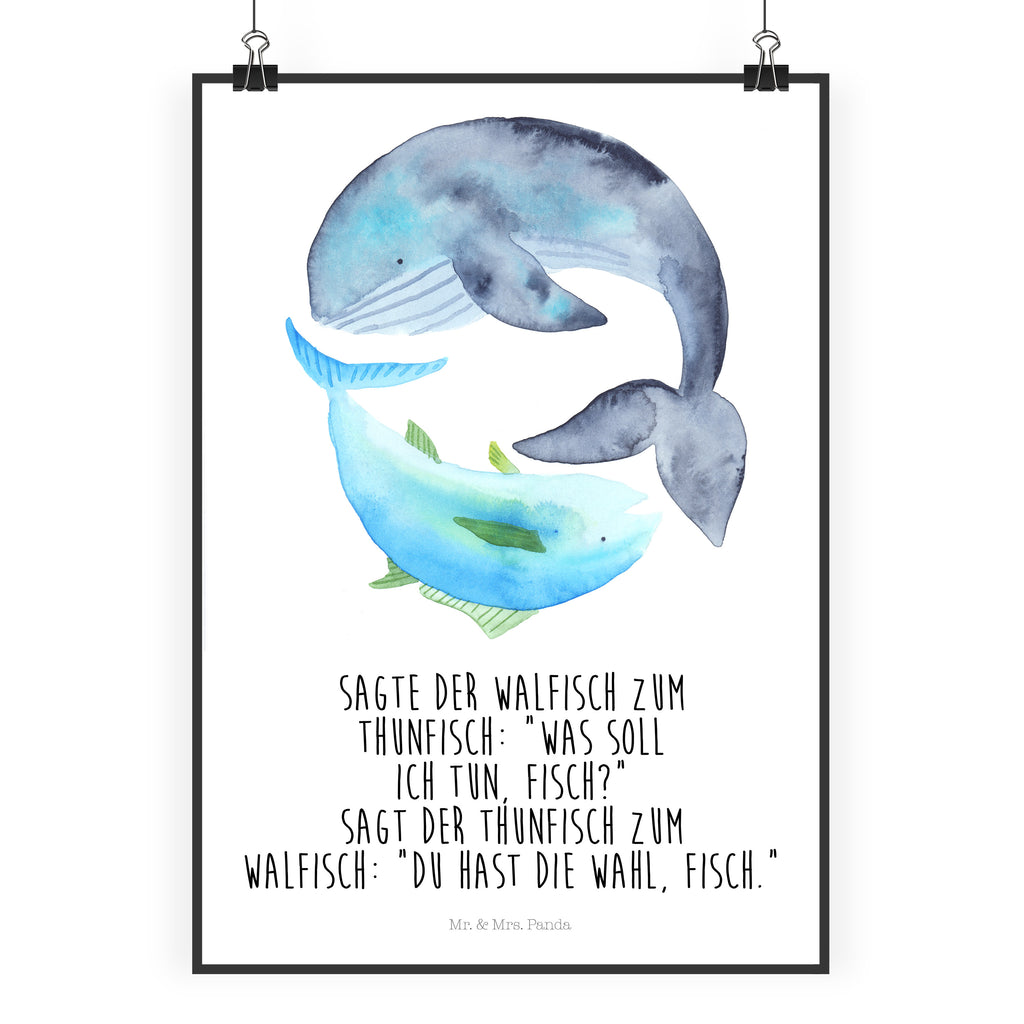 Poster Walfisch & Thunfisch Poster, Wandposter, Bild, Wanddeko, Küchenposter, Kinderposter, Wanddeko Bild, Raumdekoration, Wanddekoration, Handgemaltes Poster, Mr. & Mrs. Panda Poster, Designposter, Kunstdruck, Posterdruck, Tiermotive, Gute Laune, lustige Sprüche, Tiere, Wal, Wahl, Tunfisch, Wortwitz lustig, Spruch lustig, Flachwitz, Witz, Spruch des Tages, Flachwitz Geschenk