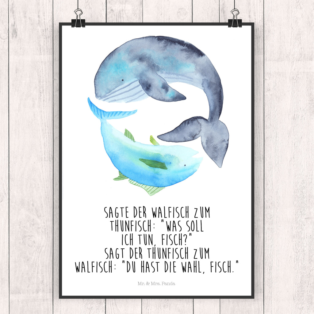 Poster Walfisch & Thunfisch Poster, Wandposter, Bild, Wanddeko, Küchenposter, Kinderposter, Wanddeko Bild, Raumdekoration, Wanddekoration, Handgemaltes Poster, Mr. & Mrs. Panda Poster, Designposter, Kunstdruck, Posterdruck, Tiermotive, Gute Laune, lustige Sprüche, Tiere, Wal, Wahl, Tunfisch, Wortwitz lustig, Spruch lustig, Flachwitz, Witz, Spruch des Tages, Flachwitz Geschenk