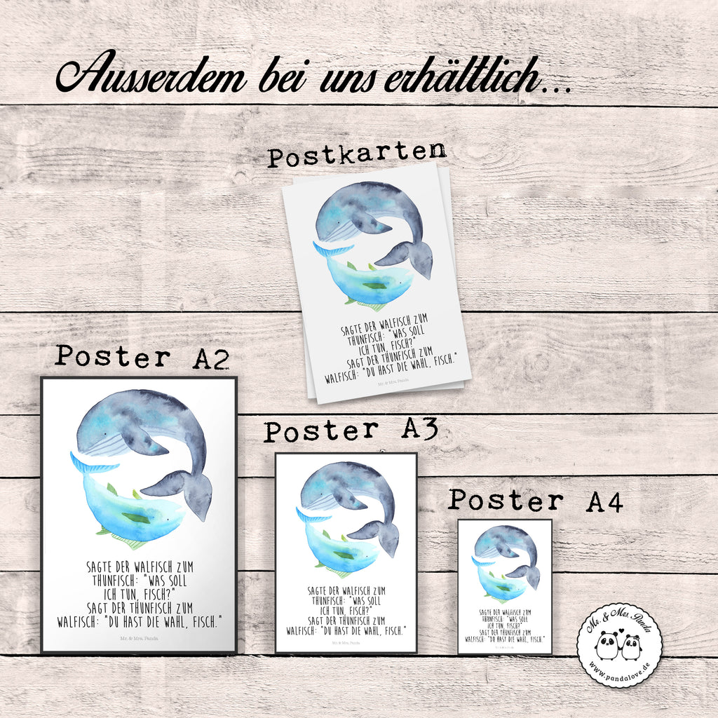 Poster Walfisch & Thunfisch Poster, Wandposter, Bild, Wanddeko, Küchenposter, Kinderposter, Wanddeko Bild, Raumdekoration, Wanddekoration, Handgemaltes Poster, Mr. & Mrs. Panda Poster, Designposter, Kunstdruck, Posterdruck, Tiermotive, Gute Laune, lustige Sprüche, Tiere, Wal, Wahl, Tunfisch, Wortwitz lustig, Spruch lustig, Flachwitz, Witz, Spruch des Tages, Flachwitz Geschenk