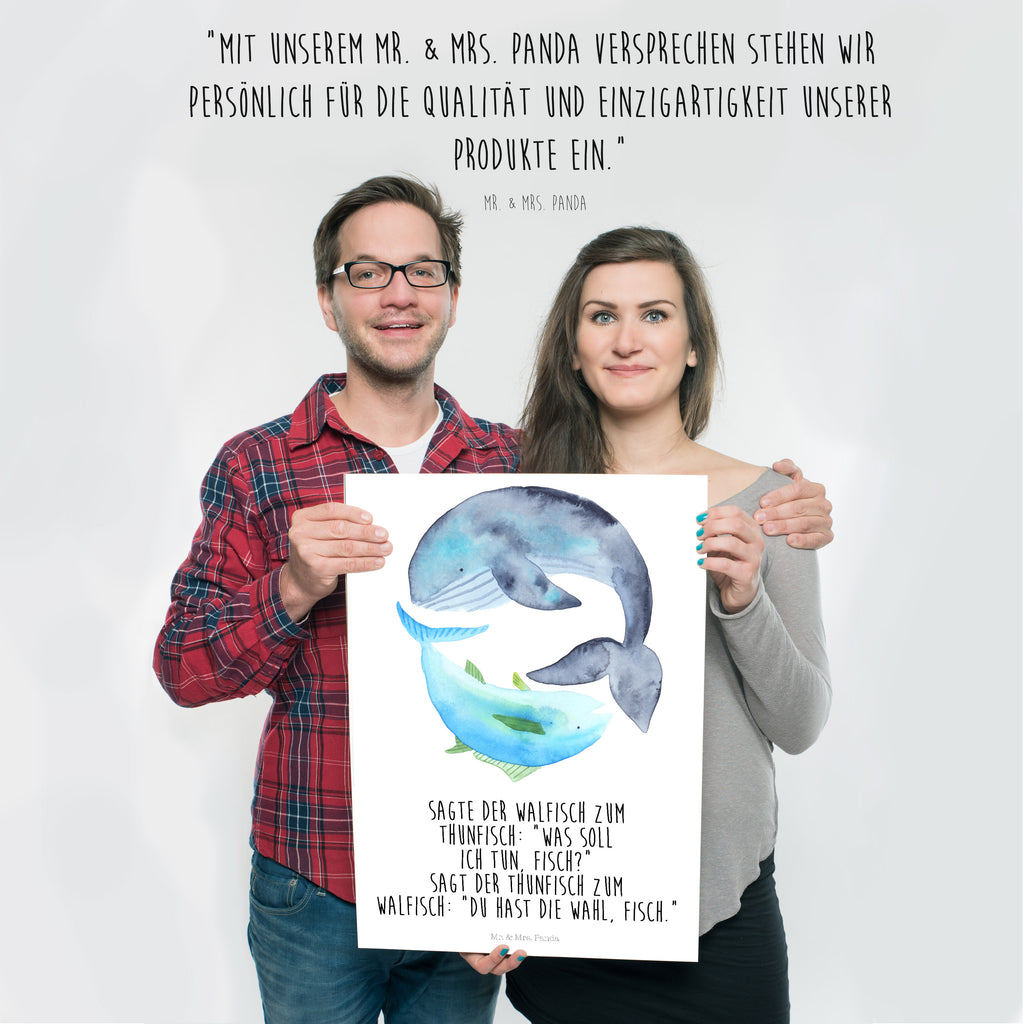 Poster Walfisch & Thunfisch Poster, Wandposter, Bild, Wanddeko, Küchenposter, Kinderposter, Wanddeko Bild, Raumdekoration, Wanddekoration, Handgemaltes Poster, Mr. & Mrs. Panda Poster, Designposter, Kunstdruck, Posterdruck, Tiermotive, Gute Laune, lustige Sprüche, Tiere, Wal, Wahl, Tunfisch, Wortwitz lustig, Spruch lustig, Flachwitz, Witz, Spruch des Tages, Flachwitz Geschenk