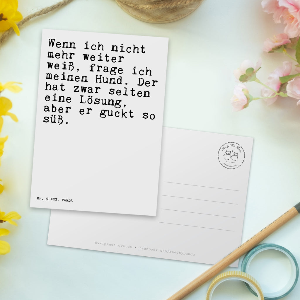 Postkarte Sprüche und Zitate Wenn ich nicht mehr weiter weiß, frage ich meinen Hund. Der hat zwar selten eine Lösung, aber er guckt so süß. Geschenkkarte, Grußkarte, Karte, Einladung, Ansichtskarte, Geburtstagskarte, Einladungskarte, Dankeskarte, Spruch, Sprüche, lustig, Weisheiten, Zitate, Spruch Sprüche Weisheiten Zitate Lustig Weisheit Worte