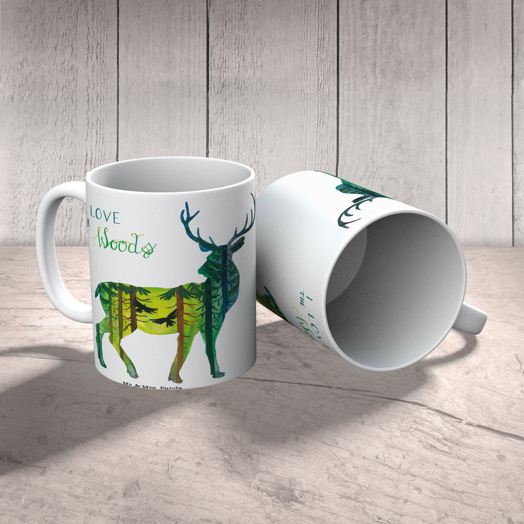 Tasse Hirsch I love the woods Wald, woods, Hirsch,  Becher, Kaffeetasse, Kaffeebecher, Tee, Frühstück, Büro  Blumen Deko, Frühlings Deko, Sommer Deko, Dekoration, positive Botschaft, Naturliebhaber, Outdoor, Natur, Abenteuer