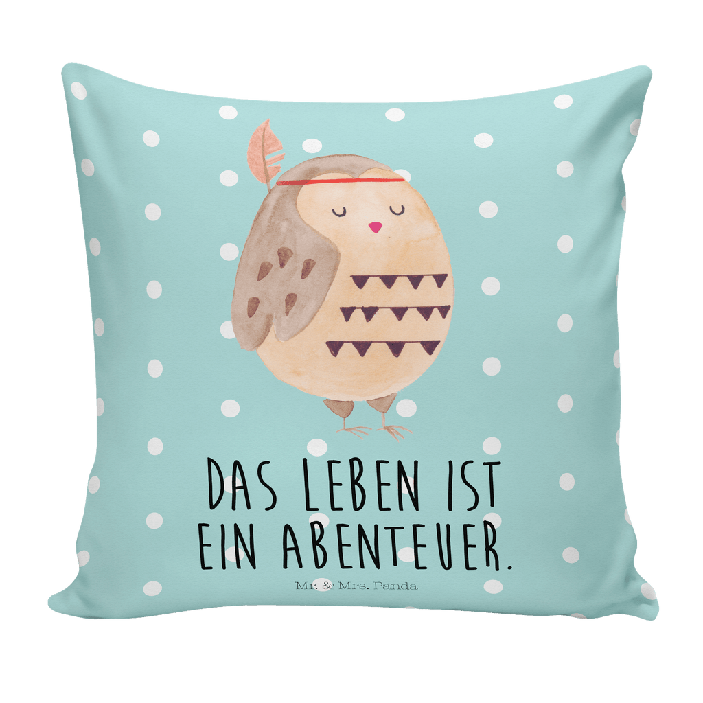 40x40 Kissen Eule Federschmuck Kissenhülle, Kopfkissen, Sofakissen, Dekokissen, Motivkissen, Eule, Eule Deko, Owl, Das Leben ist ein Abenteuer, Reisespruch, Federschmuck, Dekoration