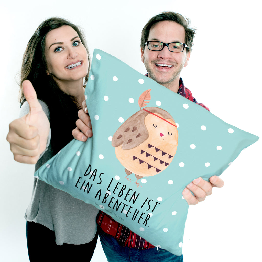 40x40 Kissen Eule Federschmuck Kissenhülle, Kopfkissen, Sofakissen, Dekokissen, Motivkissen, Eule, Eule Deko, Owl, Das Leben ist ein Abenteuer, Reisespruch, Federschmuck, Dekoration