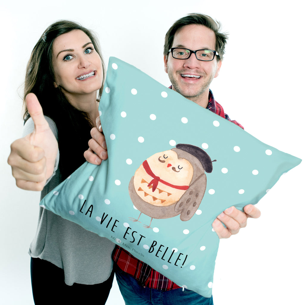 40x40 Kissen Eule Französisch Kissenhülle, Kopfkissen, Sofakissen, Dekokissen, Motivkissen, Eule, Eulen, Eule Deko, Owl, hibou, La vie est belle, das Leben ist schön, Spruch schön, Spruch Französisch, Frankreich