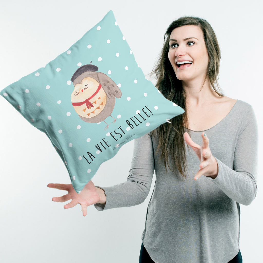 40x40 Kissen Eule Französisch Kissenhülle, Kopfkissen, Sofakissen, Dekokissen, Motivkissen, Eule, Eulen, Eule Deko, Owl, hibou, La vie est belle, das Leben ist schön, Spruch schön, Spruch Französisch, Frankreich