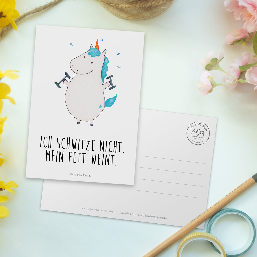 Postkarte Einhorn Fitness Geschenkkarte, Grußkarte, Karte, Einladung, Ansichtskarte, Geburtstagskarte, Einladungskarte, Dankeskarte, Einhorn, Einhörner, Einhorn Deko, Pegasus, Unicorn, Gym, Fitness, Fitnessstudio, Diät, Abnehmen, Sport, Pumpen, Geräte, Sixpack