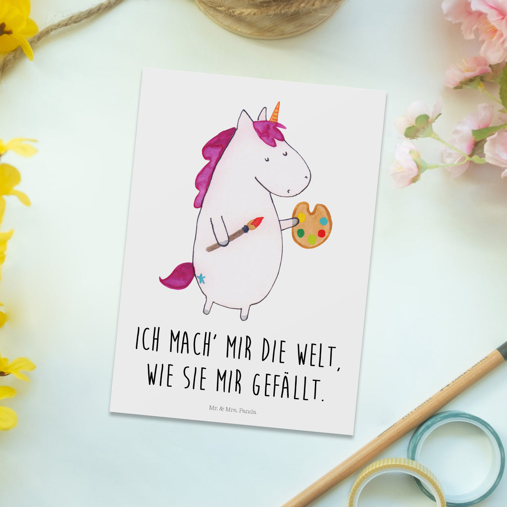 Postkarte Einhorn Künstler Geschenkkarte, Grußkarte, Karte, Einladung, Ansichtskarte, Geburtstagskarte, Einladungskarte, Einhorn, Einhörner, Einhorn Deko, Pegasus, Unicorn, Englisch, Künstler, Artist, Malen, Zeichnen, Welt, Farbe, Stift, Pinsel, Geschenk, Maler
