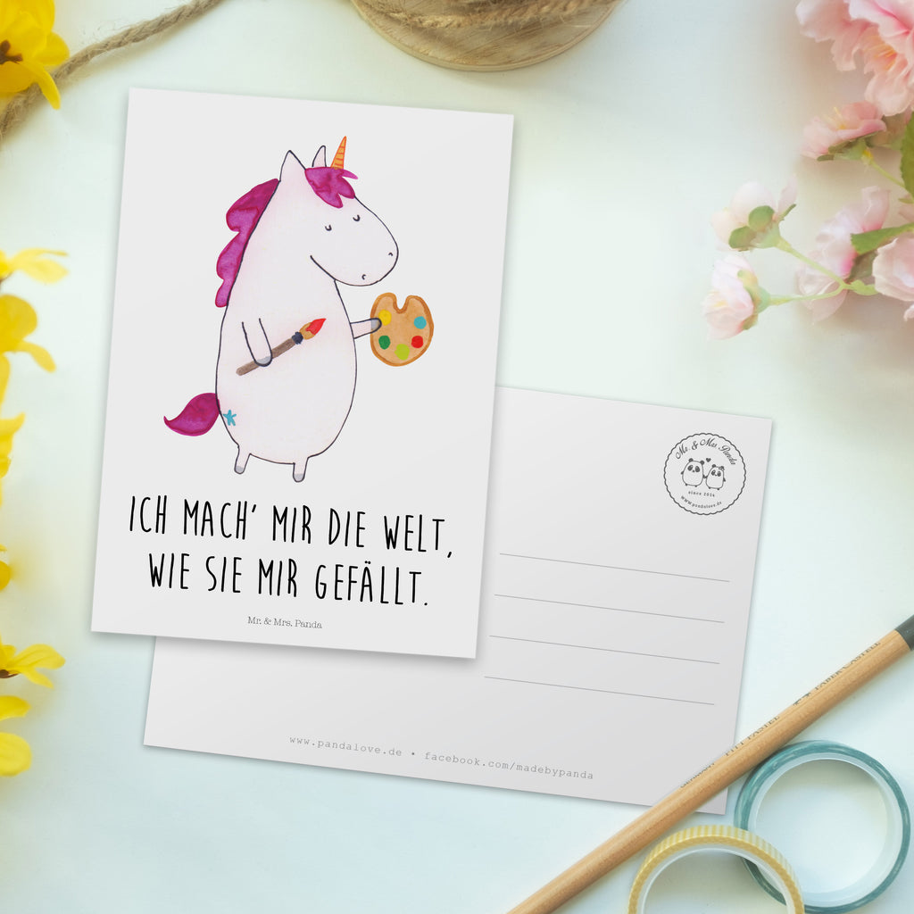 Postkarte Einhorn Künstler Geschenkkarte, Grußkarte, Karte, Einladung, Ansichtskarte, Geburtstagskarte, Einladungskarte, Einhorn, Einhörner, Einhorn Deko, Pegasus, Unicorn, Englisch, Künstler, Artist, Malen, Zeichnen, Welt, Farbe, Stift, Pinsel, Geschenk, Maler