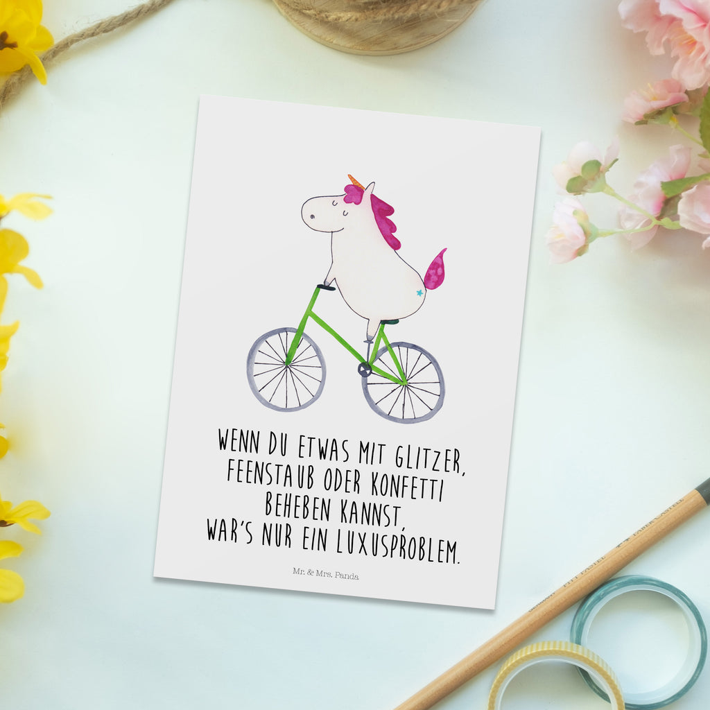 Postkarte Einhorn Radfahrer Geschenkkarte, Grußkarte, Karte, Einladung, Ansichtskarte, Geburtstagskarte, Einladungskarte, Einhorn, Einhörner, Einhorn Deko, Pegasus, Unicorn, Radfahren, Radfahrer, Rad, Bike, Feenstaub, Konfetti, Luxusproblem, Kummer, Liebeskummer