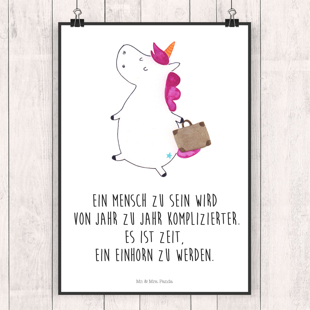 Poster Einhorn Koffer Poster, Wandposter, Bild, Wanddeko, Küchenposter, Kinderposter, Wanddeko Bild, Raumdekoration, Wanddekoration, Handgemaltes Poster, Mr. & Mrs. Panda Poster, Designposter, Kunstdruck, Posterdruck, Einhorn, Einhörner, Einhorn Deko, Pegasus, Unicorn, unicorn, Koffer, Verreisen, Reise, Gepäck, Abenteuer, Erwachsen, Kind, albern, Spaß, lustig, witzig