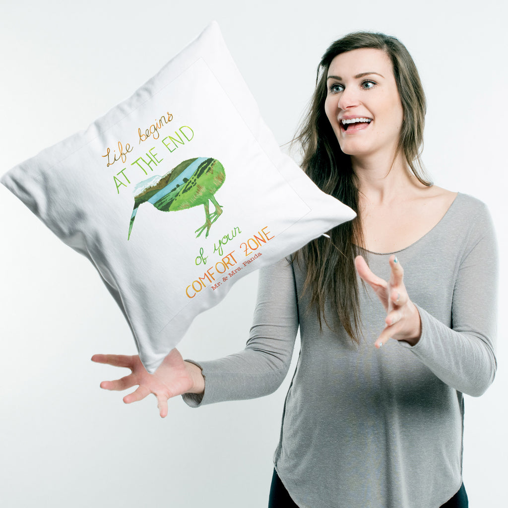 40x40 Kissen Kiwi Neuseeland Kissenhülle, Kopfkissen, Sofakissen, Dekokissen, Motivkissen, Blumen Deko, Frühlings Deko, Sommer Deko, Dekoration, positive Botschaft, Naturliebhaber, Outdoor, Natur, Abenteuer, Neuseeland, New Zealand, Kiwi, Kiwivogel, Komfortzone, Life begins, Motivation, Leben