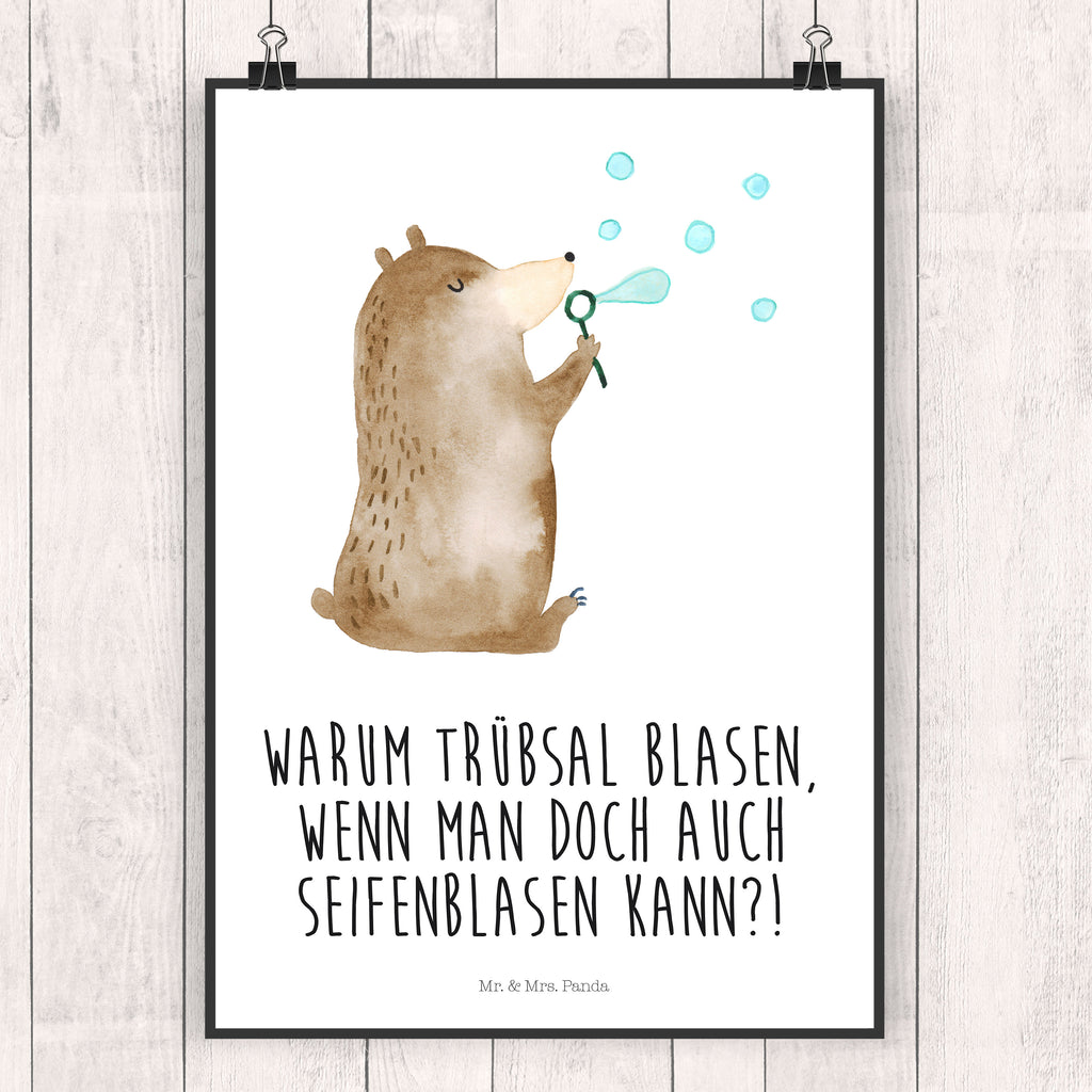 Poster Bär Seifenblasen Poster, Wandposter, Bild, Wanddeko, Küchenposter, Kinderposter, Wanddeko Bild, Raumdekoration, Wanddekoration, Handgemaltes Poster, Mr. & Mrs. Panda Poster, Designposter, Kunstdruck, Posterdruck, Bär, Teddy, Teddybär, Seifenblasen Bär Lustig Sein Glücklich Traurig Happy