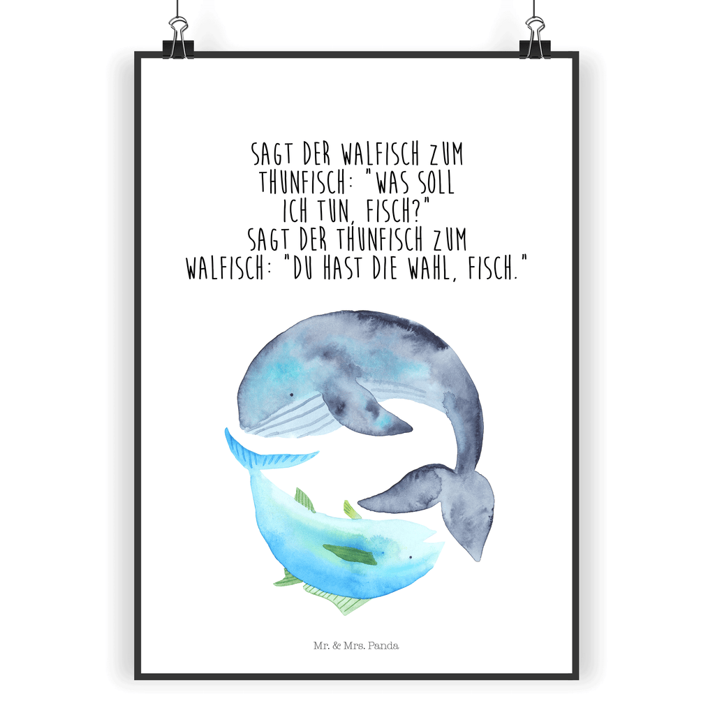 Poster Walfisch & Thunfisch Poster, Wandposter, Bild, Wanddeko, Küchenposter, Kinderposter, Wanddeko Bild, Raumdekoration, Wanddekoration, Handgemaltes Poster, Mr. & Mrs. Panda Poster, Designposter, Kunstdruck, Posterdruck, Tiermotive, Gute Laune, lustige Sprüche, Tiere, Wal, Wahl, Tunfisch, Wortwitz lustig, Spruch lustig, Flachwitz, Witz, Spruch des Tages, Flachwitz Geschenk