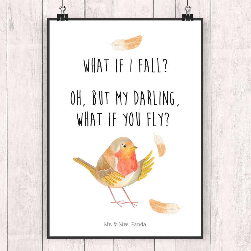 Poster Rotkehlchen mit Federn Poster, Wandposter, Bild, Wanddeko, Küchenposter, Kinderposter, Wanddeko Bild, Raumdekoration, Wanddekoration, Handgemaltes Poster, Mr. & Mrs. Panda Poster, Designposter, Kunstdruck, Posterdruck, Tiermotive, Gute Laune, lustige Sprüche, Tiere, What if i fall, Rotkehlchen, Spruch Motivation, Spruch Mut, Vogel, Motivation Sprüche, Motivationsbilder, fliegen