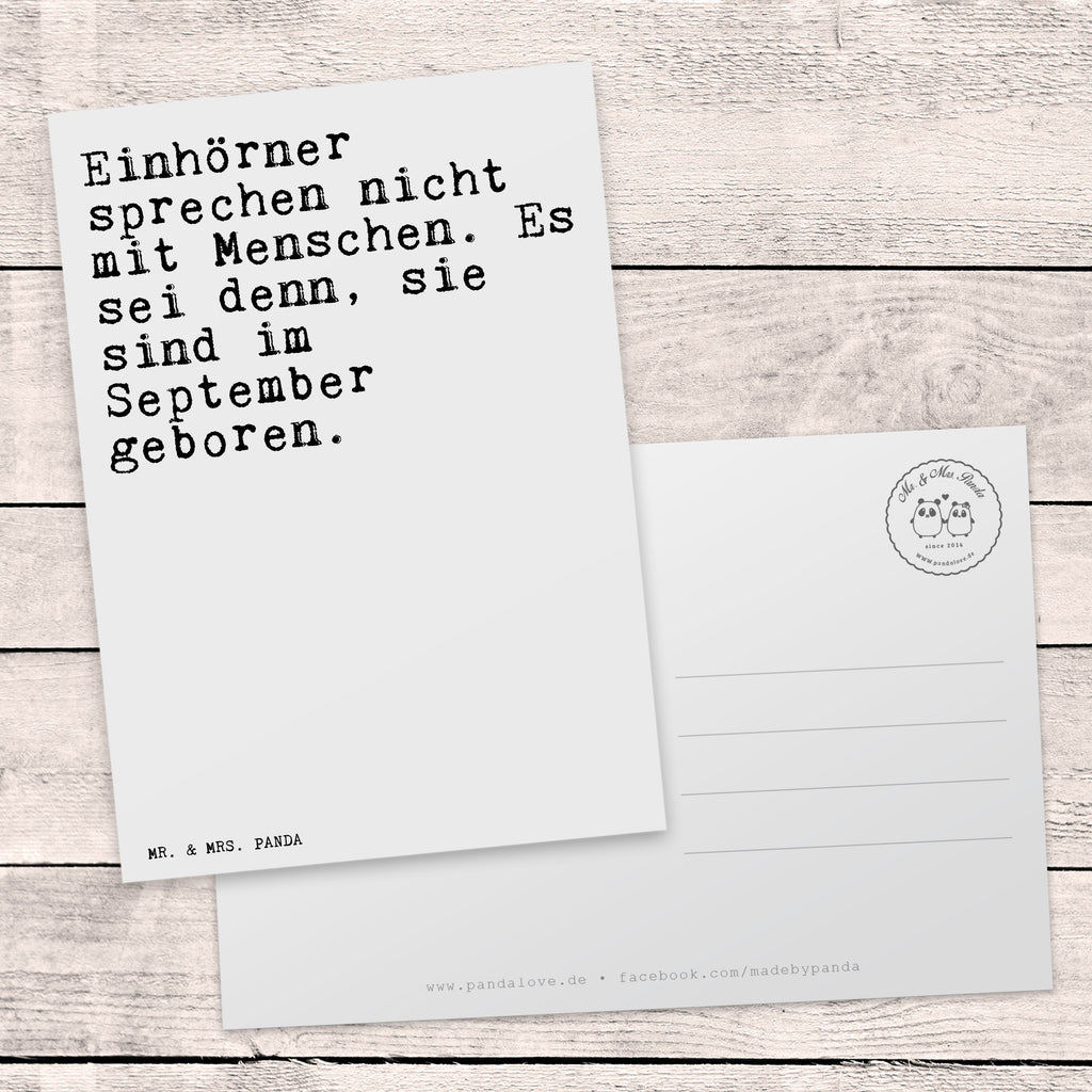 Postkarte Sprüche und Zitate Einhörner sprechen nicht mit Menschen. Es sei denn, sie sind im September geboren. Geschenkkarte, Grußkarte, Karte, Einladung, Ansichtskarte, Geburtstagskarte, Einladungskarte, Dankeskarte, Spruch, Sprüche, lustig, Weisheiten, Zitate, Spruch Sprüche Weisheiten Zitate Lustig Weisheit Worte