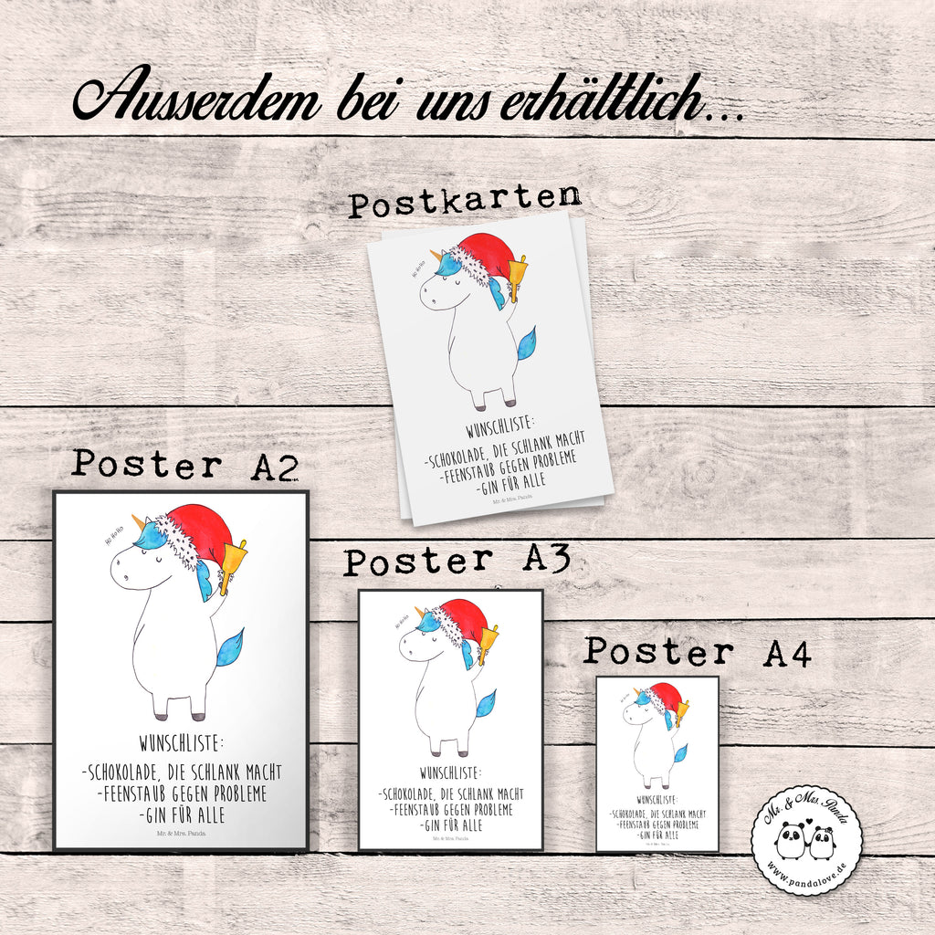Poster Einhorn Weihnachtsmann Poster, Wandposter, Bild, Wanddeko, Küchenposter, Kinderposter, Wanddeko Bild, Raumdekoration, Wanddekoration, Handgemaltes Poster, Mr. & Mrs. Panda Poster, Designposter, Kunstdruck, Posterdruck, Einhorn, Einhörner, Einhorn Deko, Pegasus, Unicorn, Gin, Schokolade, Schoki, Weihnachten, Weihnachtsmann, Nikolaus, Wunschzettel, Wunschliste, Feenstaub