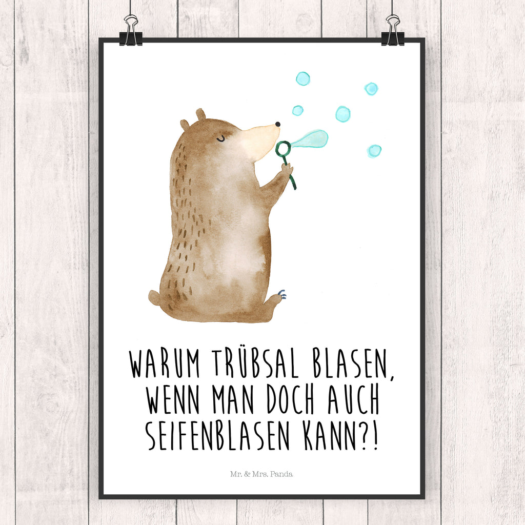 Poster Bär Seifenblasen Poster, Wandposter, Bild, Wanddeko, Küchenposter, Kinderposter, Wanddeko Bild, Raumdekoration, Wanddekoration, Handgemaltes Poster, Mr. & Mrs. Panda Poster, Designposter, Kunstdruck, Posterdruck, Bär, Teddy, Teddybär, Seifenblasen Bär Lustig Sein Glücklich Traurig Happy