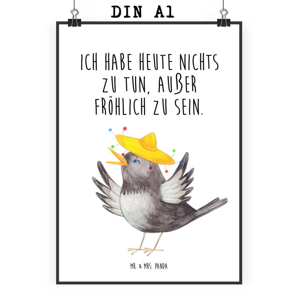 Poster Rabe mit Sombrero Poster, Wandposter, Bild, Wanddeko, Küchenposter, Kinderposter, Wanddeko Bild, Raumdekoration, Wanddekoration, Handgemaltes Poster, Mr. & Mrs. Panda Poster, Designposter, Kunstdruck, Posterdruck, Tiermotive, Gute Laune, lustige Sprüche, Tiere, Rabe, Vogel, Vögel, Spruch positiv, fröhlich sein, glücklich sein, Glück Spruch, froh, Elster, Motivation