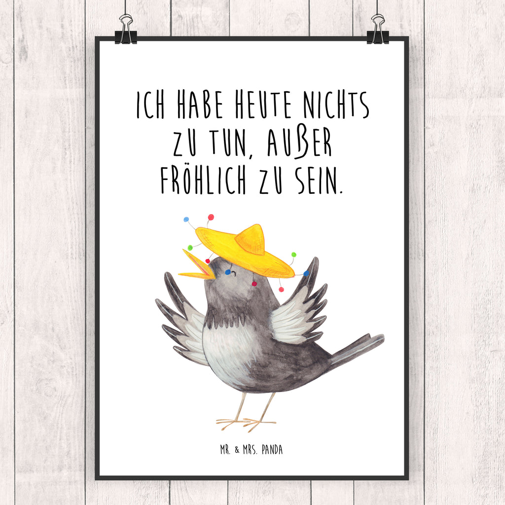 Poster Rabe mit Sombrero Poster, Wandposter, Bild, Wanddeko, Küchenposter, Kinderposter, Wanddeko Bild, Raumdekoration, Wanddekoration, Handgemaltes Poster, Mr. & Mrs. Panda Poster, Designposter, Kunstdruck, Posterdruck, Tiermotive, Gute Laune, lustige Sprüche, Tiere, Rabe, Vogel, Vögel, Spruch positiv, fröhlich sein, glücklich sein, Glück Spruch, froh, Elster, Motivation