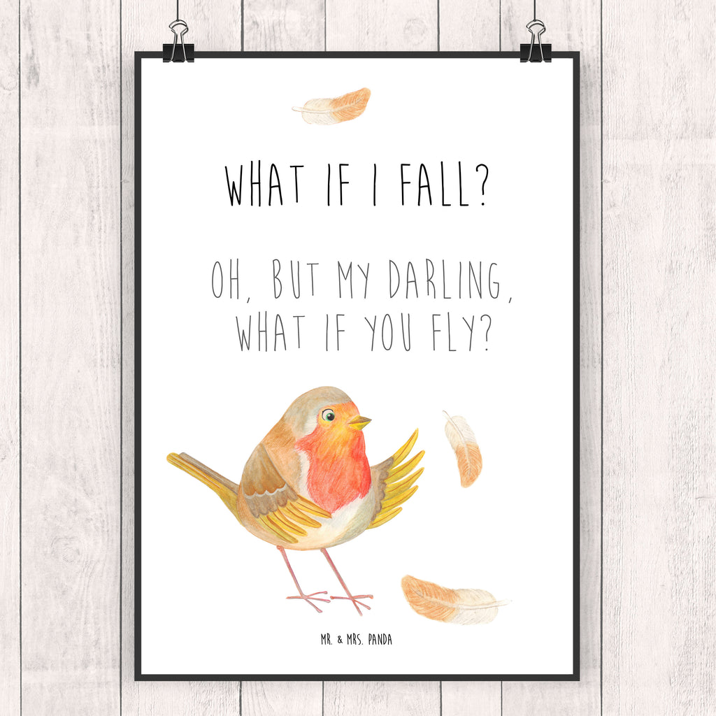 Poster Rotkehlchen mit Federn Poster, Wandposter, Bild, Wanddeko, Küchenposter, Kinderposter, Wanddeko Bild, Raumdekoration, Wanddekoration, Handgemaltes Poster, Mr. & Mrs. Panda Poster, Designposter, Kunstdruck, Posterdruck, Tiermotive, Gute Laune, lustige Sprüche, Tiere, What if i fall, Rotkehlchen, Spruch Motivation, Spruch Mut, Vogel, Motivation Sprüche, Motivationsbilder, fliegen