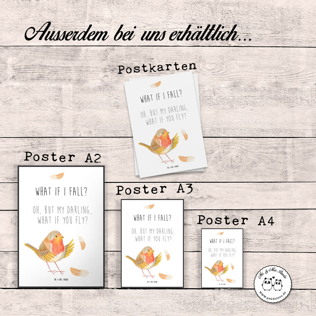 Poster Rotkehlchen mit Federn Poster, Wandposter, Bild, Wanddeko, Küchenposter, Kinderposter, Wanddeko Bild, Raumdekoration, Wanddekoration, Handgemaltes Poster, Mr. & Mrs. Panda Poster, Designposter, Kunstdruck, Posterdruck, Tiermotive, Gute Laune, lustige Sprüche, Tiere, What if i fall, Rotkehlchen, Spruch Motivation, Spruch Mut, Vogel, Motivation Sprüche, Motivationsbilder, fliegen
