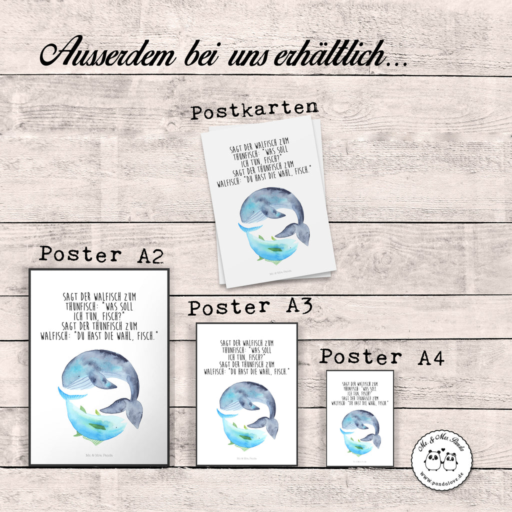 Poster Walfisch & Thunfisch Poster, Wandposter, Bild, Wanddeko, Küchenposter, Kinderposter, Wanddeko Bild, Raumdekoration, Wanddekoration, Handgemaltes Poster, Mr. & Mrs. Panda Poster, Designposter, Kunstdruck, Posterdruck, Tiermotive, Gute Laune, lustige Sprüche, Tiere, Wal, Wahl, Tunfisch, Wortwitz lustig, Spruch lustig, Flachwitz, Witz, Spruch des Tages, Flachwitz Geschenk