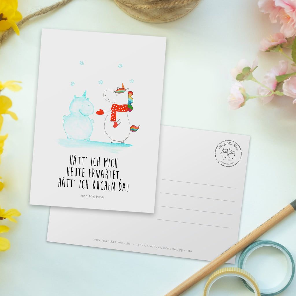 Postkarte Einhorn Schneemann Geschenkkarte, Grußkarte, Karte, Einladung, Ansichtskarte, Geburtstagskarte, Einladungskarte, Einhorn, Einhörner, Einhorn Deko, Pegasus, Unicorn, Schneemann, Winter, Schnee, Kuchen, Weihnachten, kalt, Mütze, Handschuhe, X-Mas
