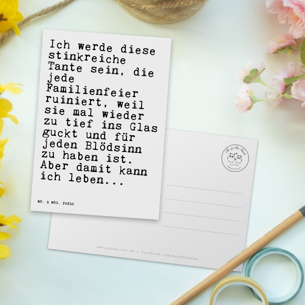 Postkarte Sprüche und Zitate Ich werde diese stinkreiche Tante sein, die jede Familienfeier ruiniert, weil sie mal wieder zu tief ins Glas guckt und für jeden Blödsinn zu haben ist. Aber damit kann ich leben... Geschenkkarte, Grußkarte, Karte, Einladung, Ansichtskarte, Geburtstagskarte, Einladungskarte, Dankeskarte, Spruch, Sprüche, lustig, Weisheiten, Zitate, Spruch Sprüche Weisheiten Zitate Lustig Weisheit Worte