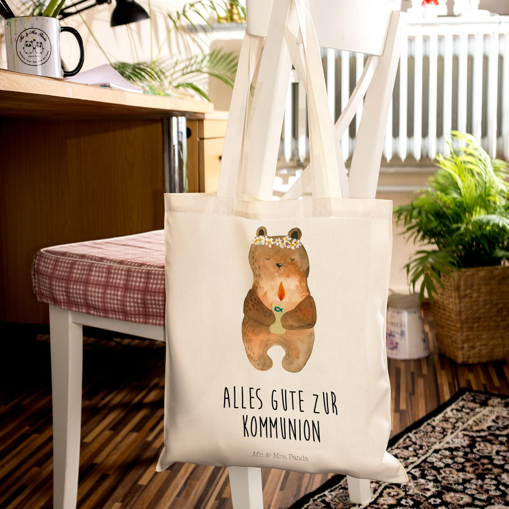 Tragetasche Kommunion-Bär Beuteltasche, Beutel, Einkaufstasche, Jutebeutel, Stoffbeutel, Bär, Teddy, Teddybär, Kommunion, Gottes Segen, Taufkerze, katholisch