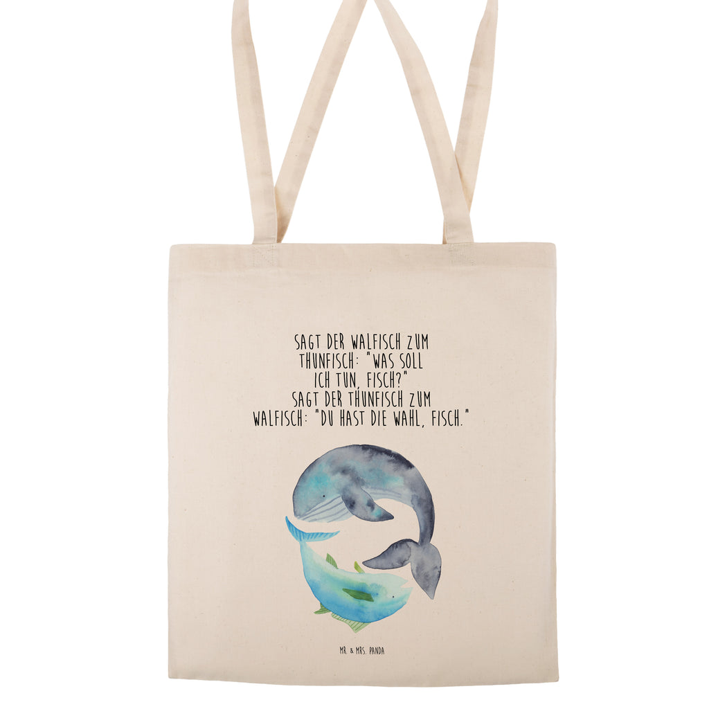 Tragetasche Walfisch & Thunfisch Beuteltasche, Beutel, Einkaufstasche, Jutebeutel, Stoffbeutel, Tiermotive, Gute Laune, lustige Sprüche, Tiere, Wal, Wahl, Tunfisch, Wortwitz lustig, Spruch lustig, Flachwitz, Witz, Spruch des Tages, Flachwitz Geschenk