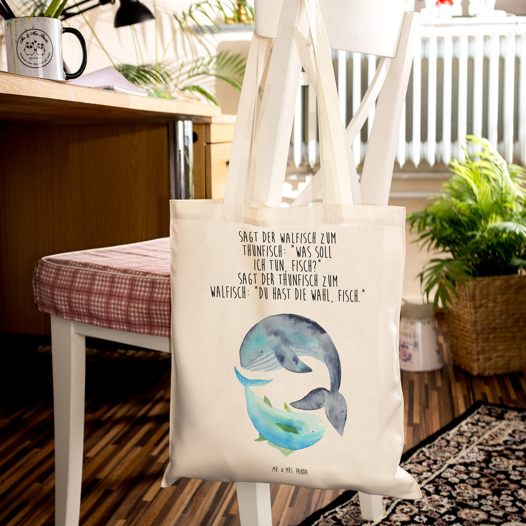 Tragetasche Walfisch & Thunfisch Beuteltasche, Beutel, Einkaufstasche, Jutebeutel, Stoffbeutel, Tiermotive, Gute Laune, lustige Sprüche, Tiere, Wal, Wahl, Tunfisch, Wortwitz lustig, Spruch lustig, Flachwitz, Witz, Spruch des Tages, Flachwitz Geschenk