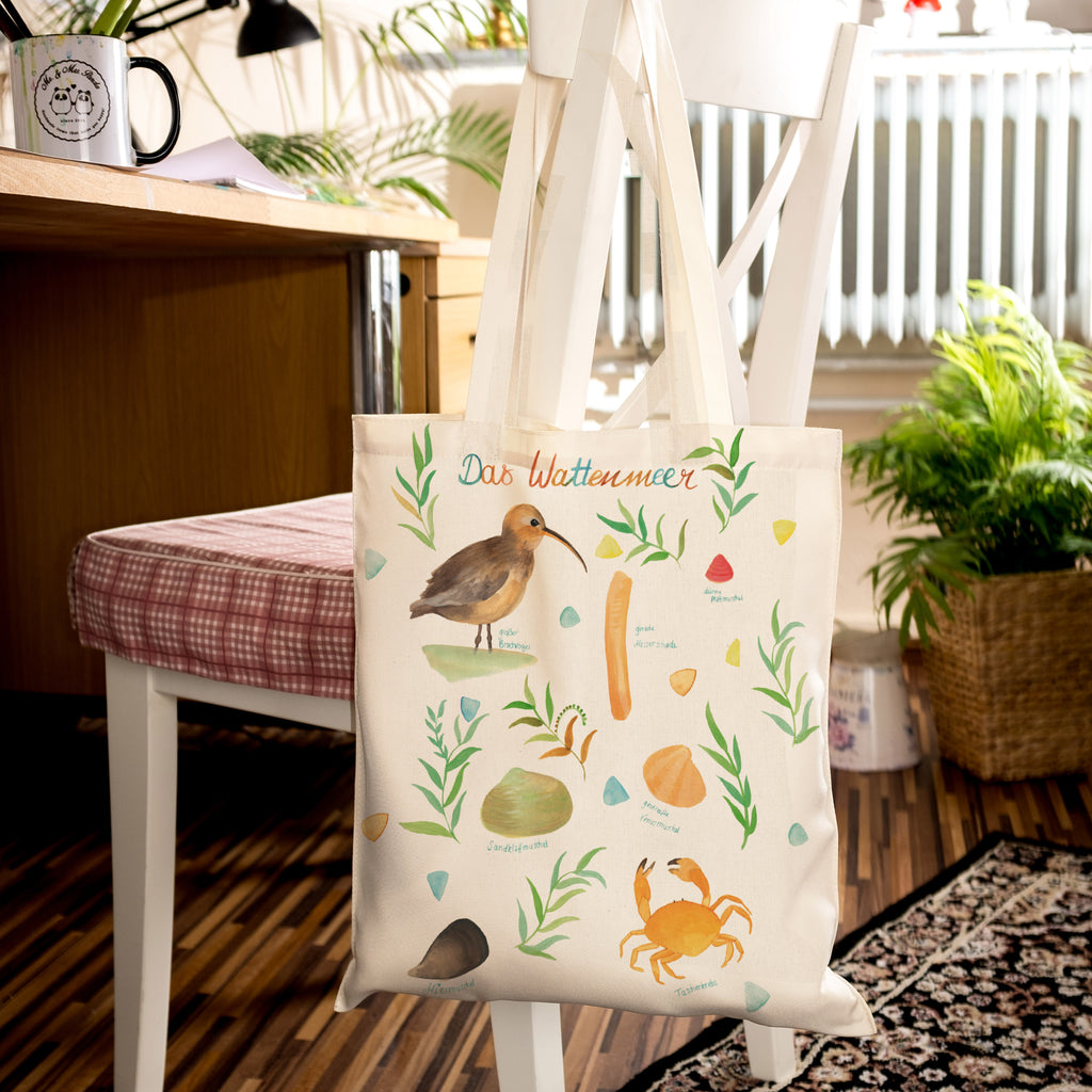 Tragetasche Wattenmeer Beuteltasche, Beutel, Einkaufstasche, Jutebeutel, Stoffbeutel, Blumen Deko, Frühlings Deko, Sommer Deko, Dekoration, positive Botschaft, Naturliebhaber, Outdoor, Natur, Abenteuer, Wattenmeer, Vögel, Meer, See, Nordsee, Ostsee, Muschel, Natur Motiv, Watt, Deko Badezimmer, Ebbe, Flut, Geschenk Maritim