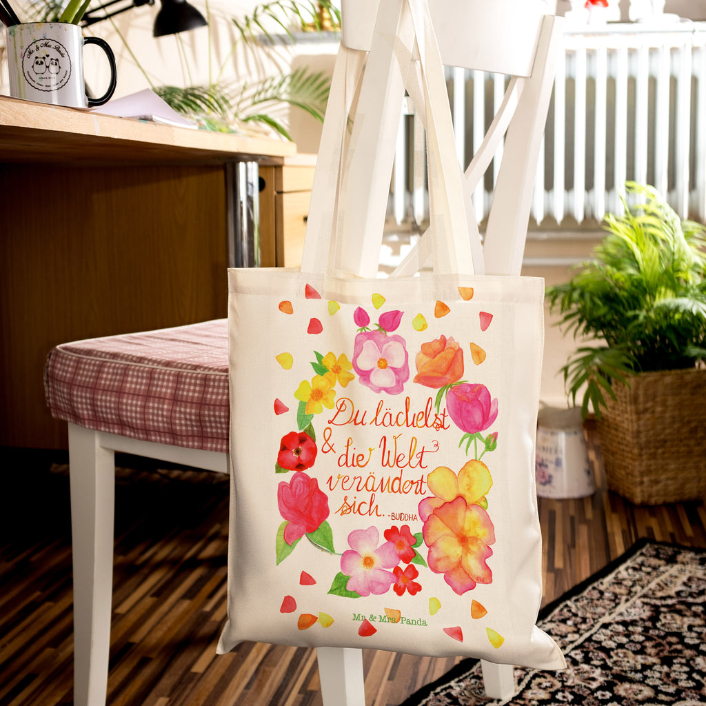 Tragetasche Du Lächelst Beuteltasche, Beutel, Einkaufstasche, Jutebeutel, Stoffbeutel, Blumen Deko, Frühlings Deko, Sommer Deko, Dekoration, positive Botschaft, Naturliebhaber, Outdoor, Natur, Abenteuer, Lächele, Welt verändert sich, Zitat Buddha, Lachen Spruch, glücklich sein, Zitat schön, Geschenk Freundin, Spruch positiv