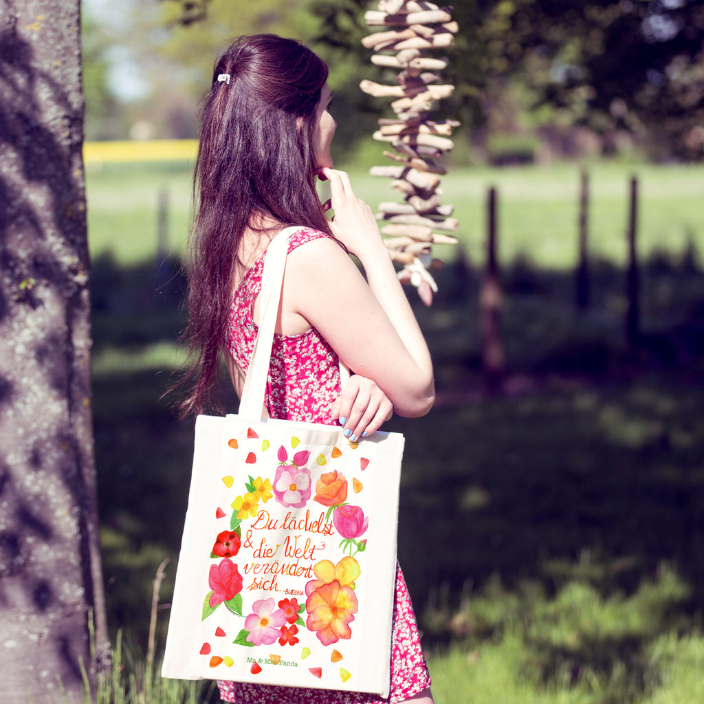 Tragetasche Du Lächelst Beuteltasche, Beutel, Einkaufstasche, Jutebeutel, Stoffbeutel, Blumen Deko, Frühlings Deko, Sommer Deko, Dekoration, positive Botschaft, Naturliebhaber, Outdoor, Natur, Abenteuer, Lächele, Welt verändert sich, Zitat Buddha, Lachen Spruch, glücklich sein, Zitat schön, Geschenk Freundin, Spruch positiv