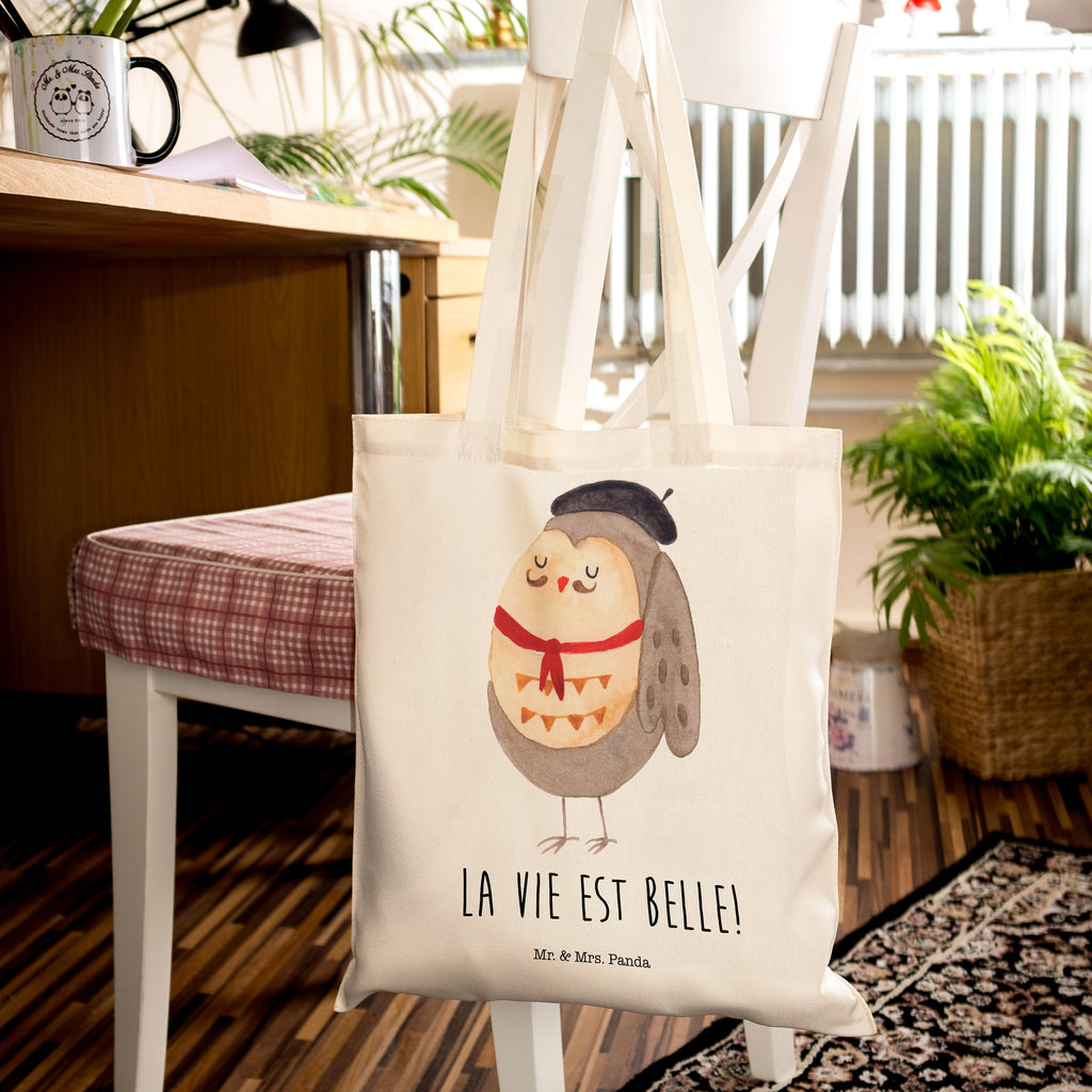 Tragetasche Eule Französisch Beuteltasche, Beutel, Einkaufstasche, Jutebeutel, Stoffbeutel, Eule, Eulen, Eule Deko, Owl, hibou, La vie est belle, das Leben ist schön, Spruch schön, Spruch Französisch, Frankreich