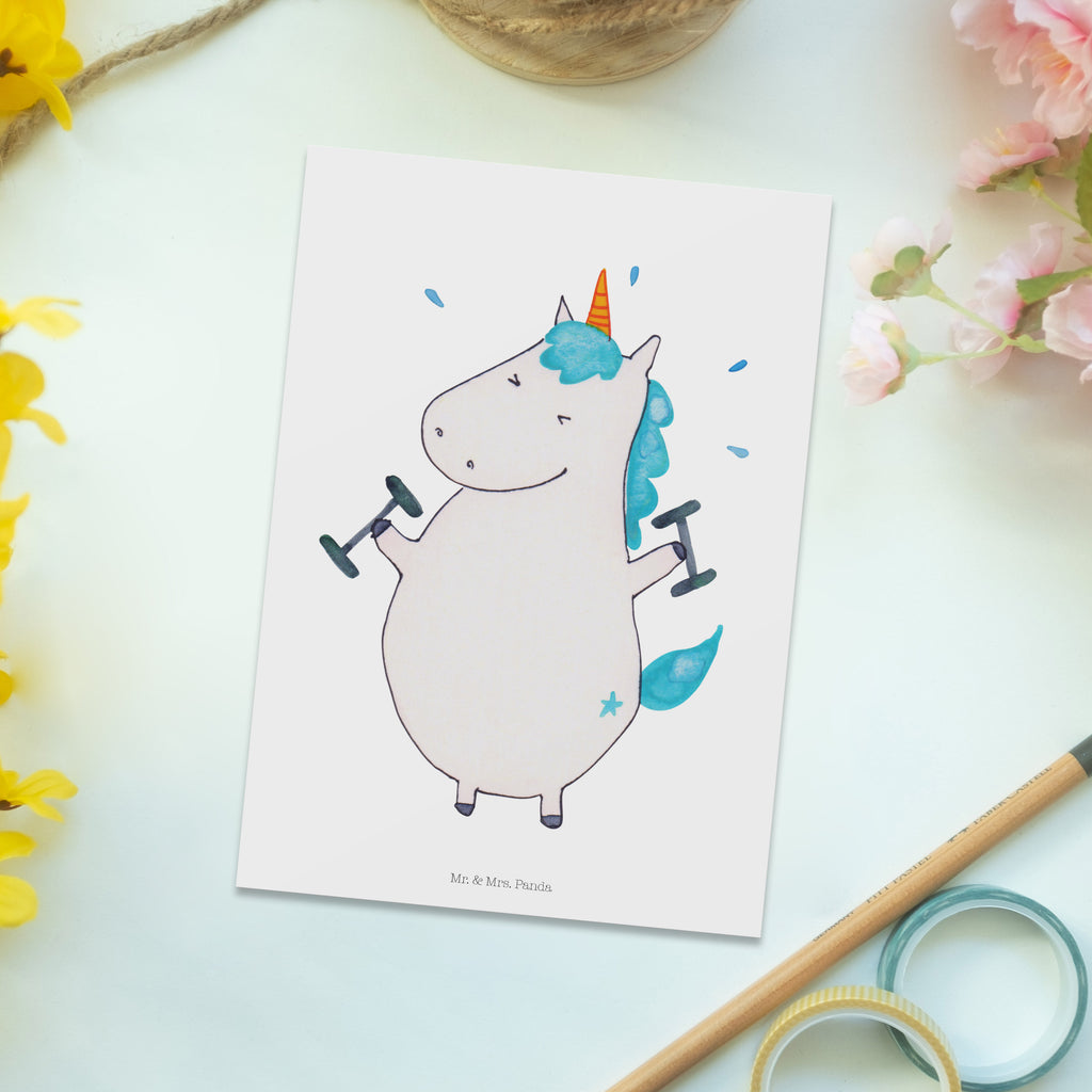 Postkarte Einhorn Fitness Geschenkkarte, Grußkarte, Karte, Einladung, Ansichtskarte, Geburtstagskarte, Einladungskarte, Dankeskarte, Einhorn, Einhörner, Einhorn Deko, Pegasus, Unicorn, Gym, Fitness, Fitnessstudio, Diät, Abnehmen, Sport, Pumpen, Geräte, Sixpack
