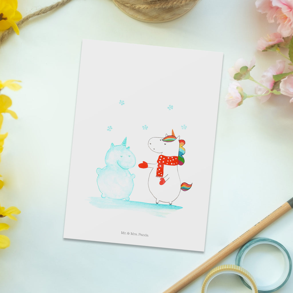 Postkarte Einhorn Schneemann Geschenkkarte, Grußkarte, Karte, Einladung, Ansichtskarte, Geburtstagskarte, Einladungskarte, Einhorn, Einhörner, Einhorn Deko, Pegasus, Unicorn, Schneemann, Winter, Schnee, Kuchen, Weihnachten, kalt, Mütze, Handschuhe, X-Mas