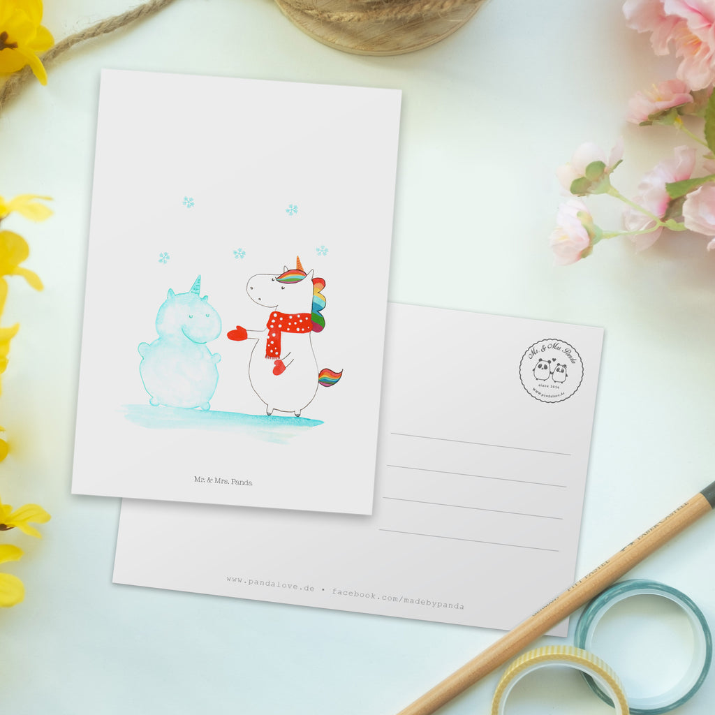 Postkarte Einhorn Schneemann Geschenkkarte, Grußkarte, Karte, Einladung, Ansichtskarte, Geburtstagskarte, Einladungskarte, Einhorn, Einhörner, Einhorn Deko, Pegasus, Unicorn, Schneemann, Winter, Schnee, Kuchen, Weihnachten, kalt, Mütze, Handschuhe, X-Mas