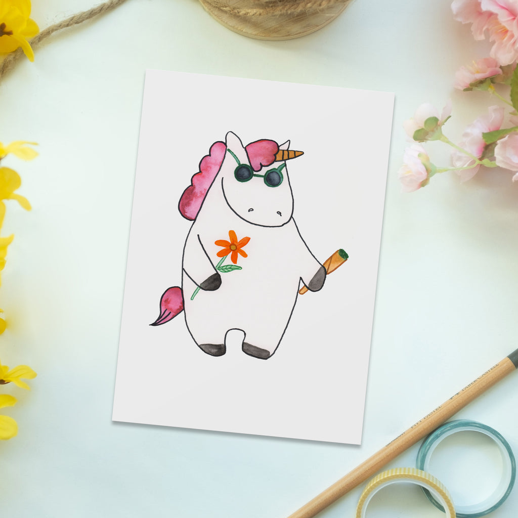 Postkarte Einhorn Woodstock Geschenkkarte, Grußkarte, Karte, Einladung, Ansichtskarte, Geburtstagskarte, Einladungskarte, Einhorn, Einhörner, Einhorn Deko, Pegasus, Unicorn, Kiffen, Joint, Zigarette, Alkohol, Party, Spaß. lustig, witzig, Woodstock