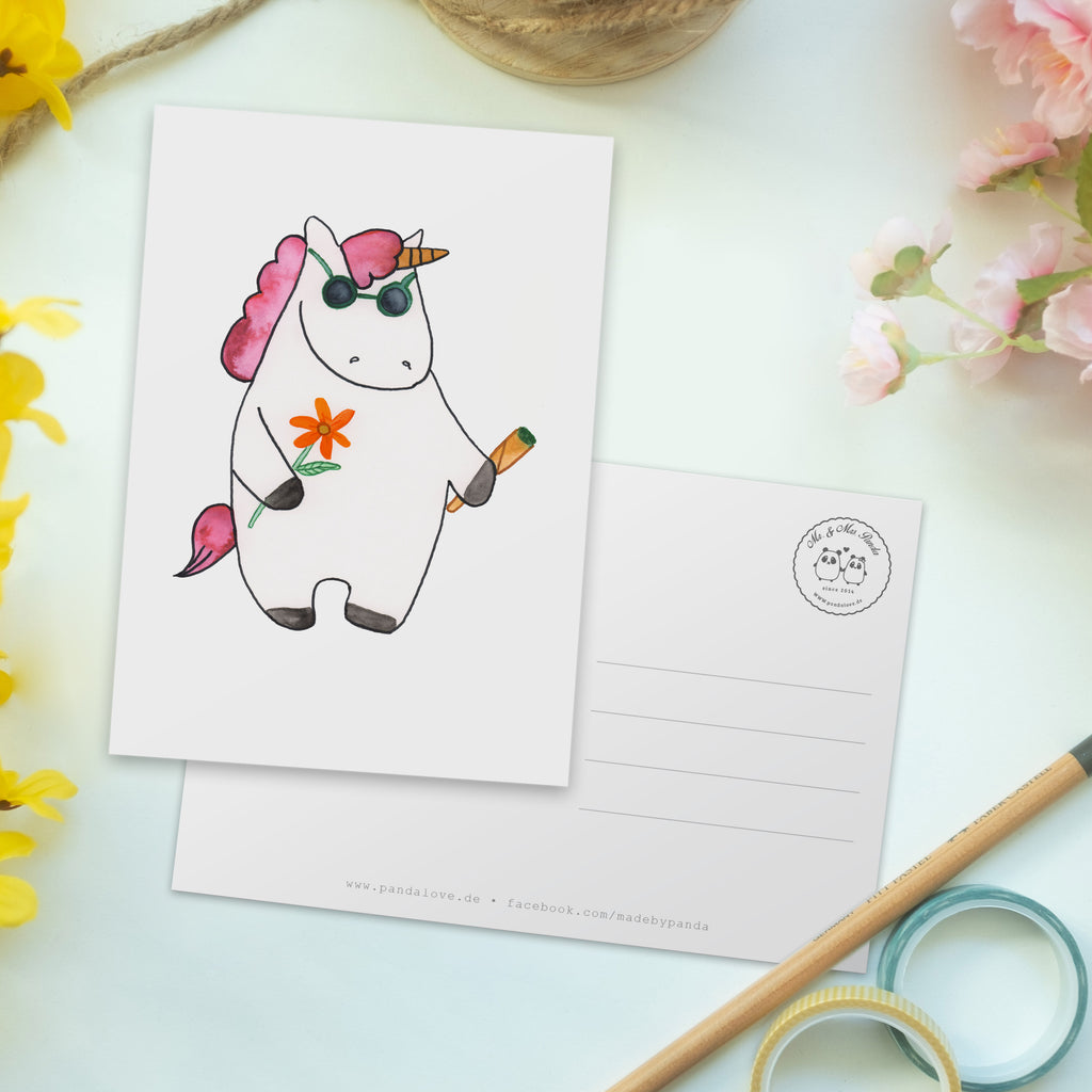 Postkarte Einhorn Woodstock Geschenkkarte, Grußkarte, Karte, Einladung, Ansichtskarte, Geburtstagskarte, Einladungskarte, Einhorn, Einhörner, Einhorn Deko, Pegasus, Unicorn, Kiffen, Joint, Zigarette, Alkohol, Party, Spaß. lustig, witzig, Woodstock