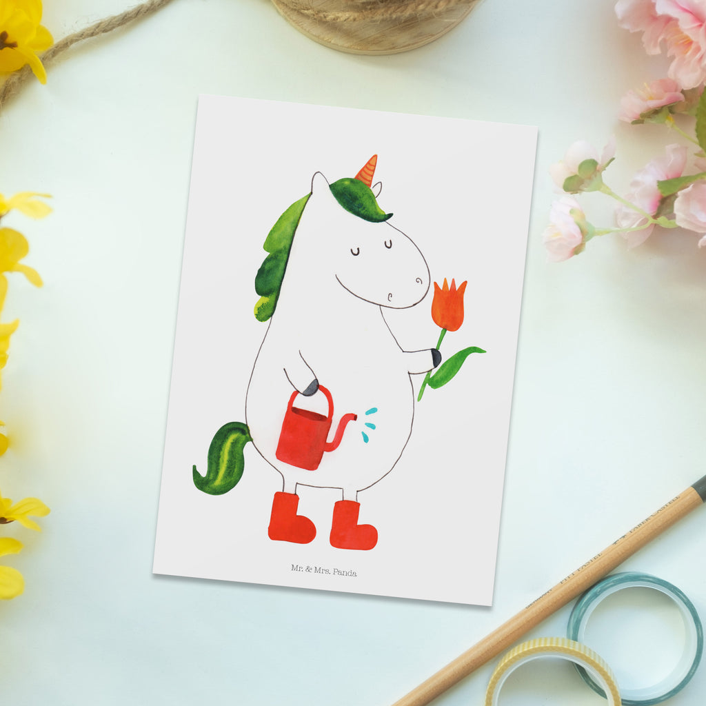 Postkarte Einhorn Gärtner Geschenkkarte, Grußkarte, Karte, Einladung, Ansichtskarte, Geburtstagskarte, Einladungskarte, Dankeskarte, Einhorn, Einhörner, Einhorn Deko, Pegasus, Unicorn, Luftballon, Gießkanne, Giesskanne, Lebenslust, Freude, Blume, Freundin, Garten, Stiefel