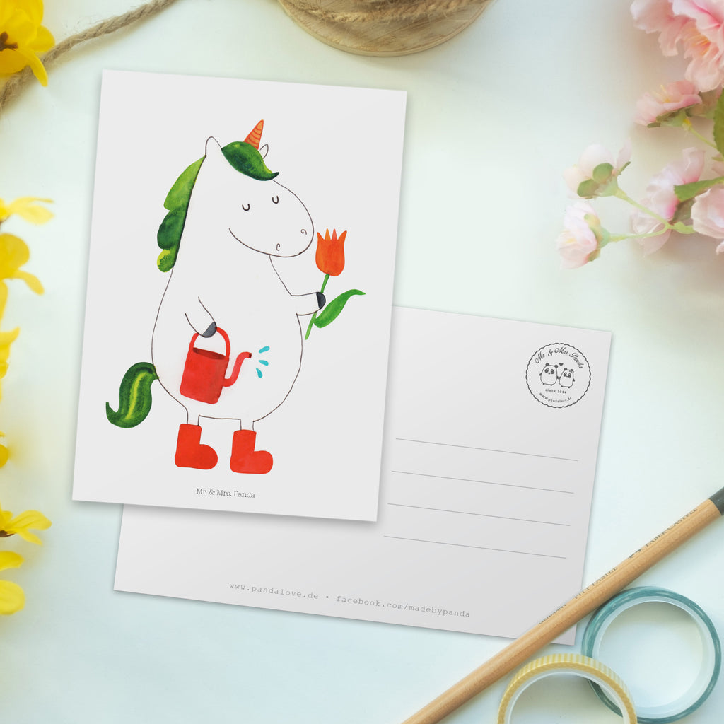 Postkarte Einhorn Gärtner Geschenkkarte, Grußkarte, Karte, Einladung, Ansichtskarte, Geburtstagskarte, Einladungskarte, Dankeskarte, Einhorn, Einhörner, Einhorn Deko, Pegasus, Unicorn, Luftballon, Gießkanne, Giesskanne, Lebenslust, Freude, Blume, Freundin, Garten, Stiefel