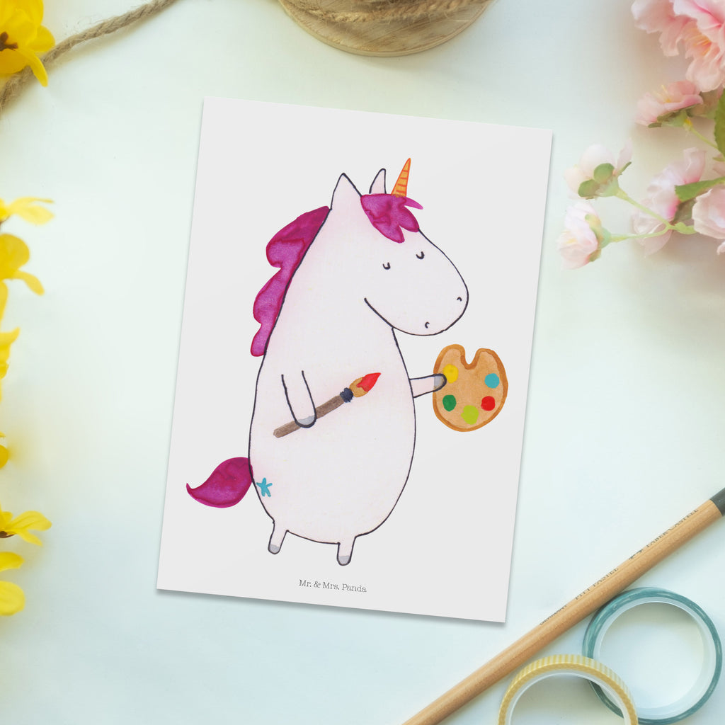 Postkarte Einhorn Künstler Geschenkkarte, Grußkarte, Karte, Einladung, Ansichtskarte, Geburtstagskarte, Einladungskarte, Einhorn, Einhörner, Einhorn Deko, Pegasus, Unicorn, Englisch, Künstler, Artist, Malen, Zeichnen, Welt, Farbe, Stift, Pinsel, Geschenk, Maler
