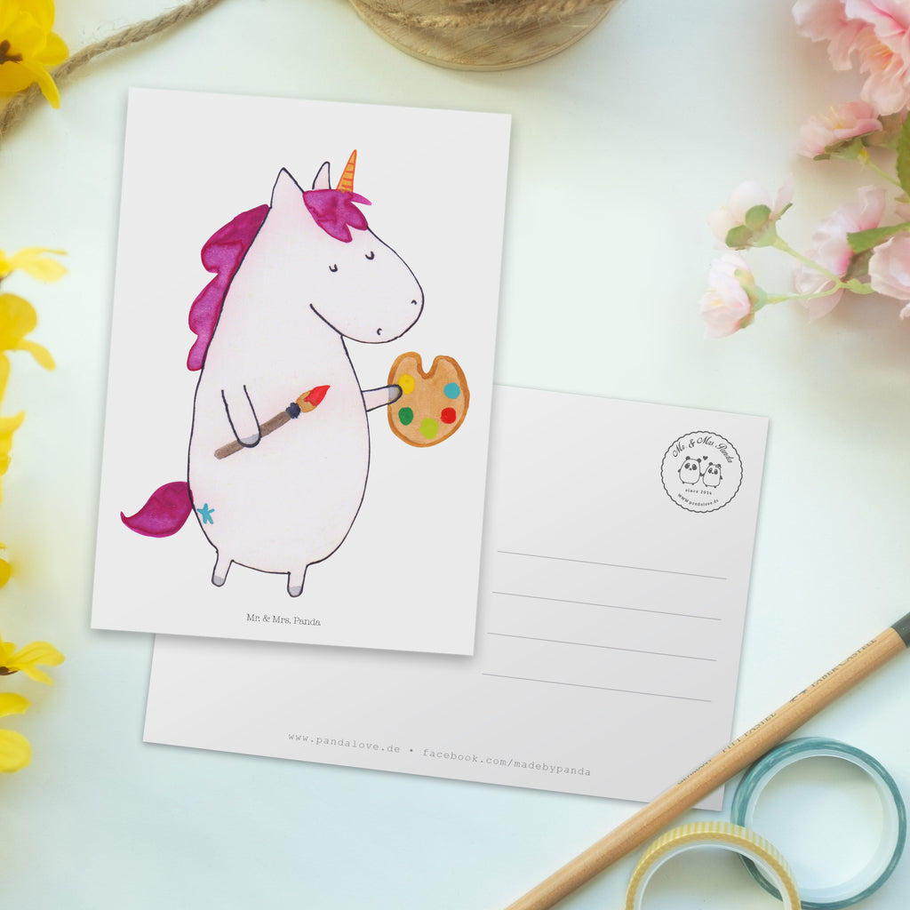 Postkarte Einhorn Künstler Geschenkkarte, Grußkarte, Karte, Einladung, Ansichtskarte, Geburtstagskarte, Einladungskarte, Einhorn, Einhörner, Einhorn Deko, Pegasus, Unicorn, Englisch, Künstler, Artist, Malen, Zeichnen, Welt, Farbe, Stift, Pinsel, Geschenk, Maler